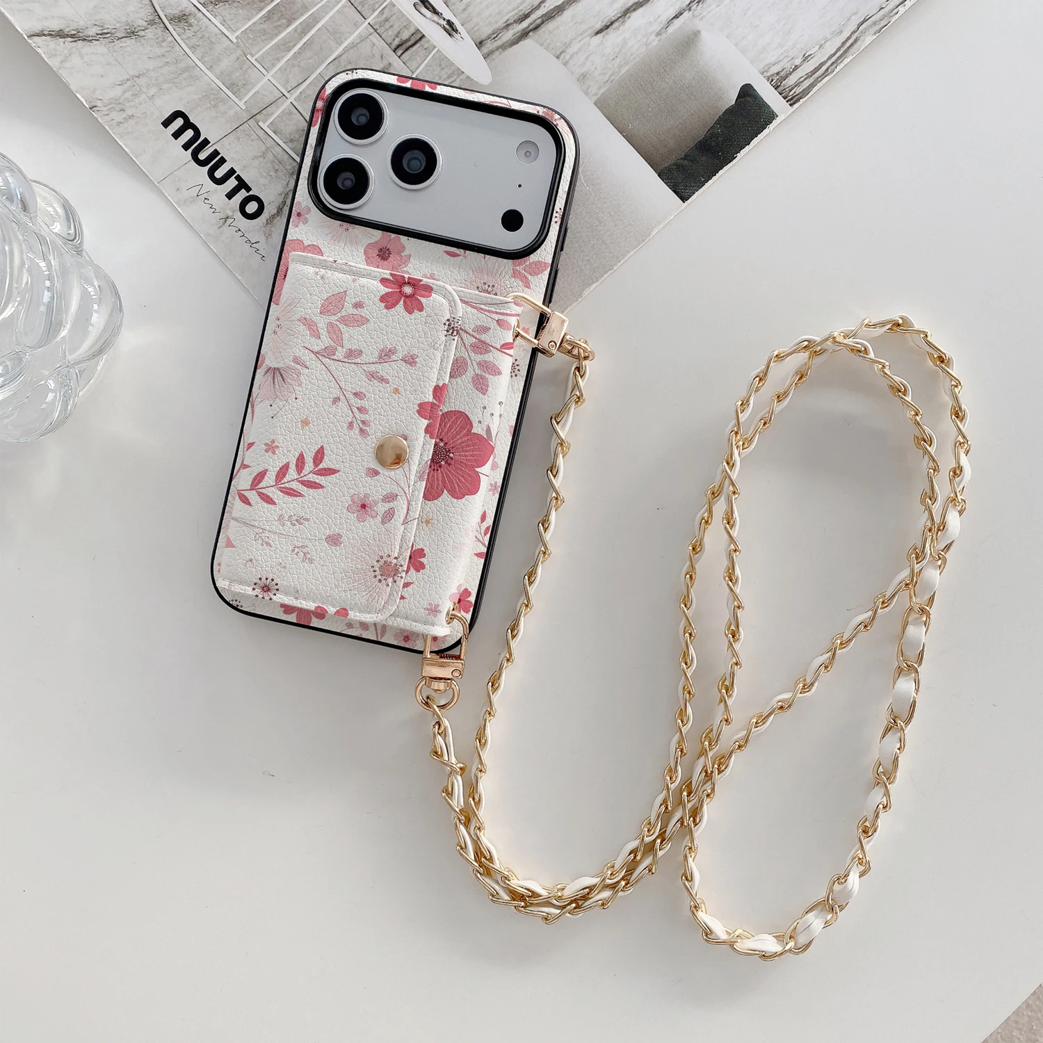 Weiß-rosa florales PU-Leder-Handyhülle mit Kartenfach und Umhängekette für iPhone 11 12 13 Pro 17 16 15 14 Pro Max