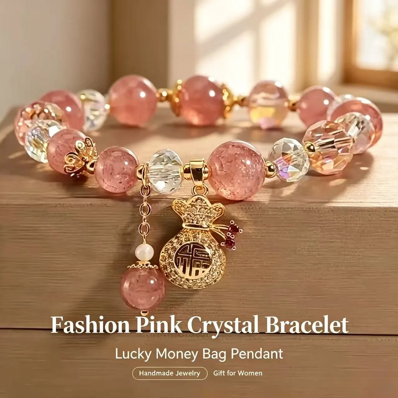Boho Vintage Strawberry Quartz Bracelet Lucky Money Bag Pendant Jewelry for Women Party Daily Wear