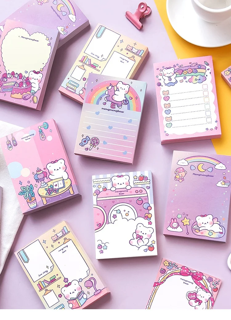 100pcs Memo Cute Bear Purple Pinky Message Notes Handbook Material Paper Girls Boys Notepads