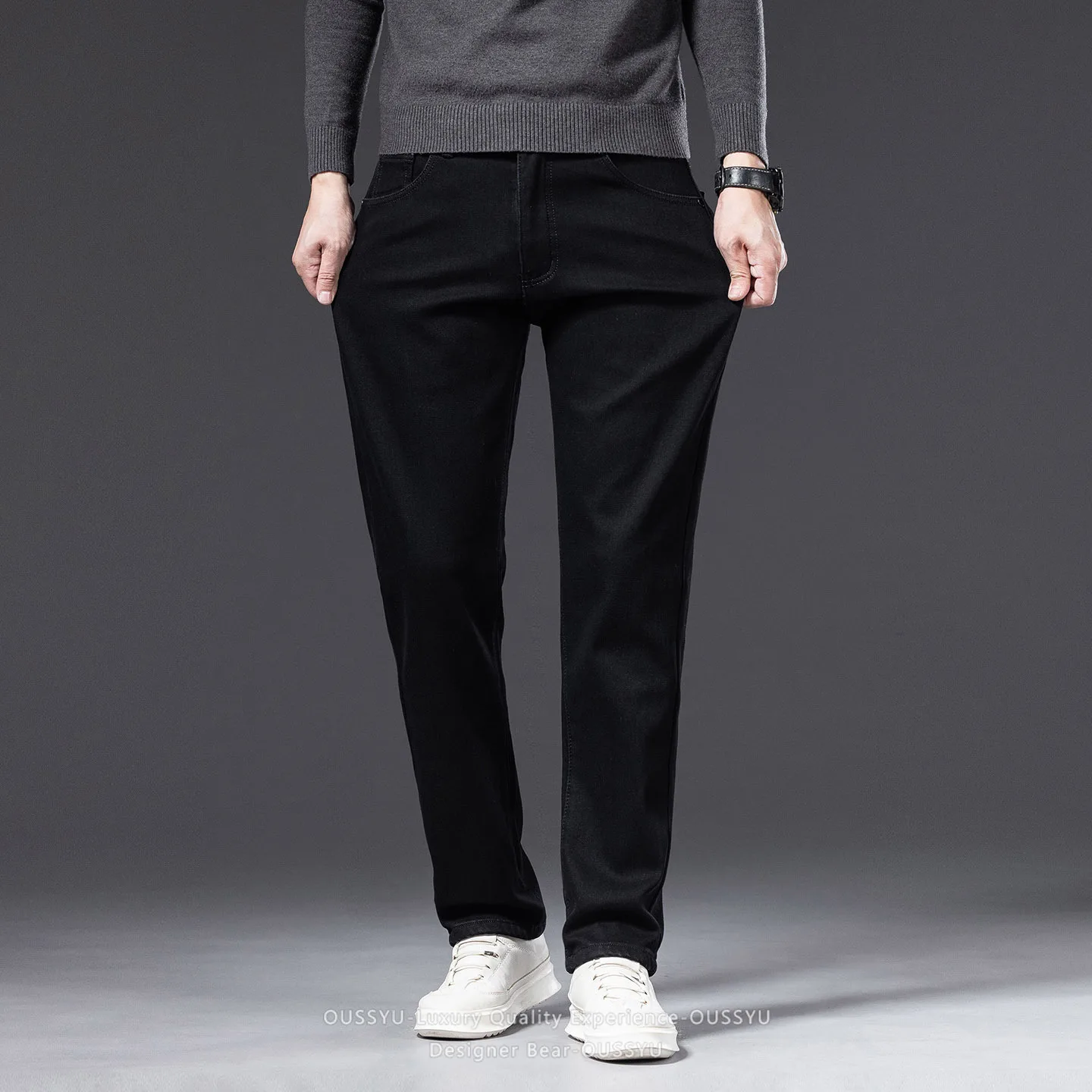 2027 Winter Warm Fleece Men's Jeans Gray Black Cotton Slim Elastic Business Denim Pants Thicked Trousers Male Skinny Streetwear