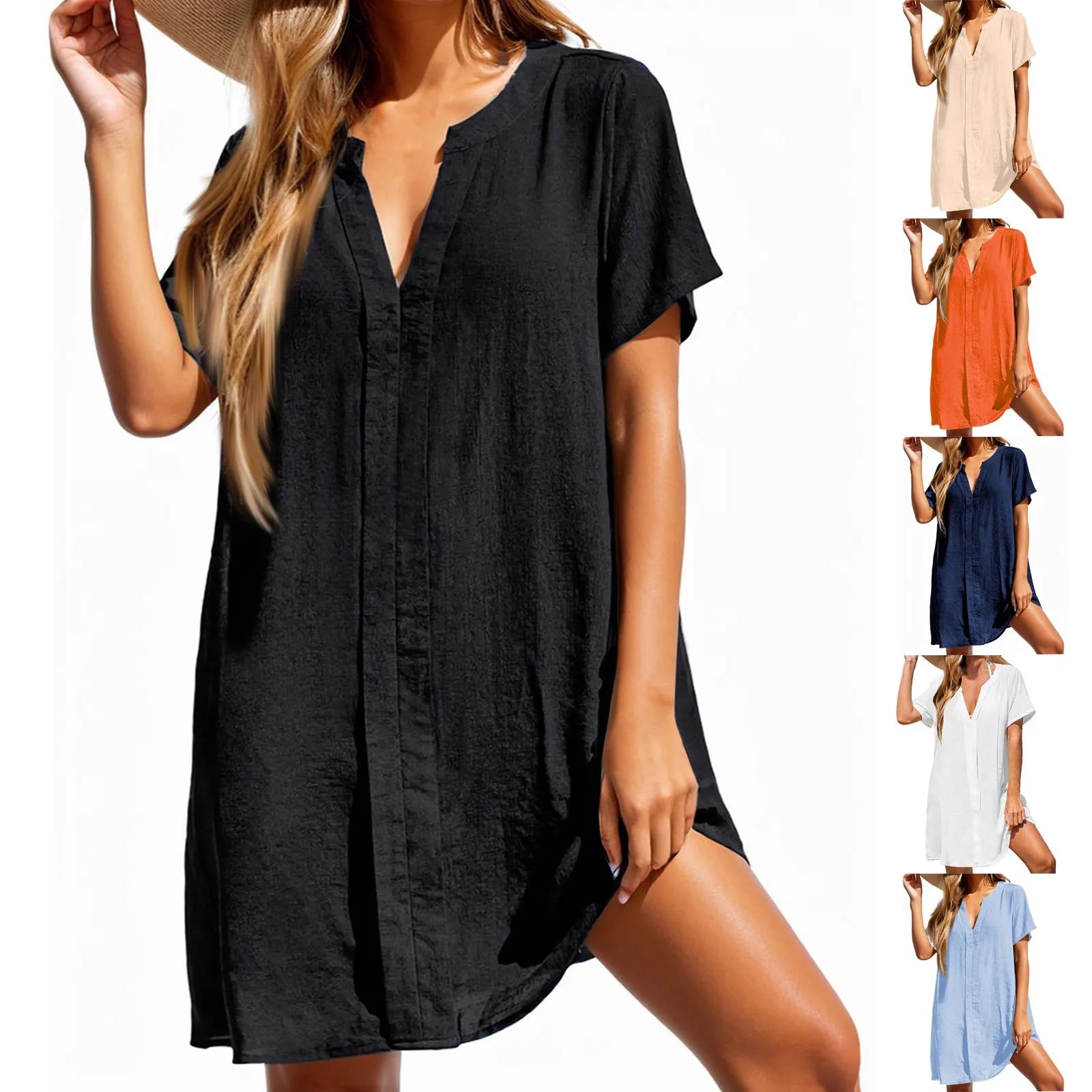 Women'S Shirt Dress 2024 Summer New Casual V-Neck Stand Collar Short Dress Fashionable Solid Color Short Sleeved Dresses