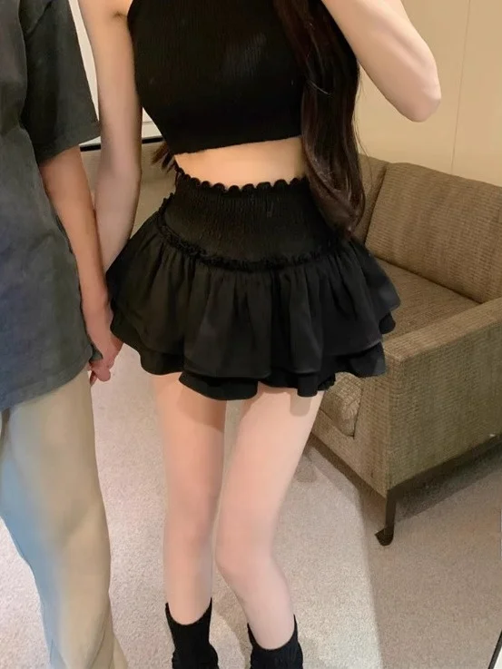 

Черная юбка А-силуэта с высокой талией для женщин, модная, универсальная, укороченная, многоярусная, для девочек-подростков, повседневная одежда