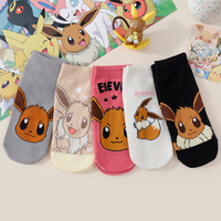 5 Pairs Of Four Seasons Women's Fashionable, Sweet, Cute Cartoon Anime Pok é Mon Eevee Versatile Casual Breathable Short Socks