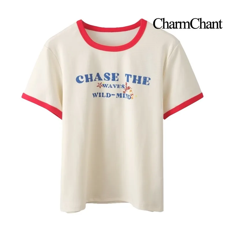CHARMCHANT Women's Cream Contrast Trim Ringer T Shirt Letter Print Retro American Style Casual Summer Cotton Tops Summer 2026