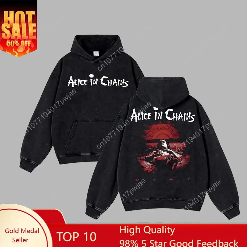 [$$$ROCKLIFE] アリス・イン・チェインズ - ダートウォッシュドフーディー、ダブルプリントオーバーサイズミュージックバンドウォッシュドフーディーTシャツ、ロックバンドダブルプリント