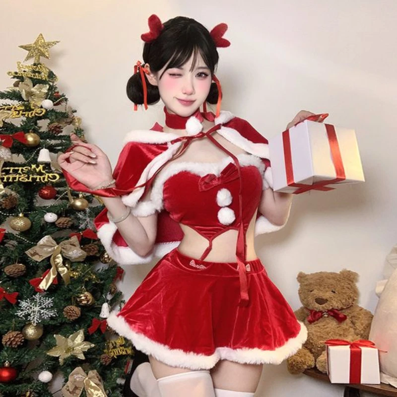 Christmas Sexy Elk Cute Uniform Cosplay Costume Bunny Red New Year Skirt Set Xmas Role Play Nightdress Outfits Plush Underwear