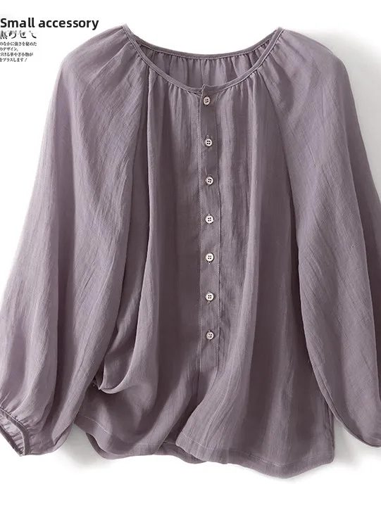 Lanterne rétro Sve soie coton lin décontracté ample femmes irt Anti-âge poupée irt bouton fermeture ronde Ne