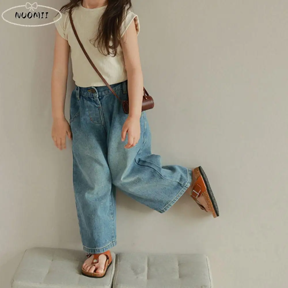 

Straight Straight Kids Jeans High Waist Loose Children Y2K Jeans Wide Leg Cowboy Pants Little Girls Denim Trousers Streetwear