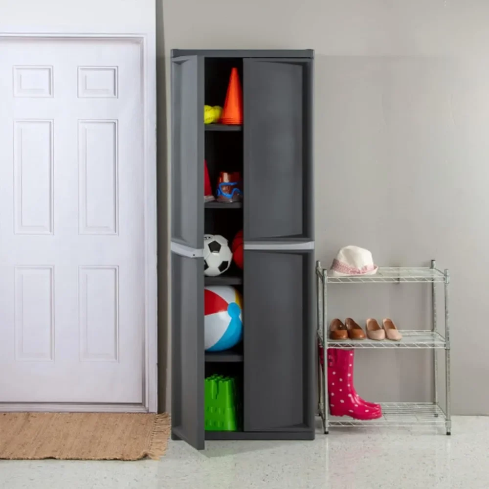 4 Shelf Cabinet, Heavy Duty and Easy to Assemble Plastic Storage Unit, Organize Bins in the Garage, Basement, Attic