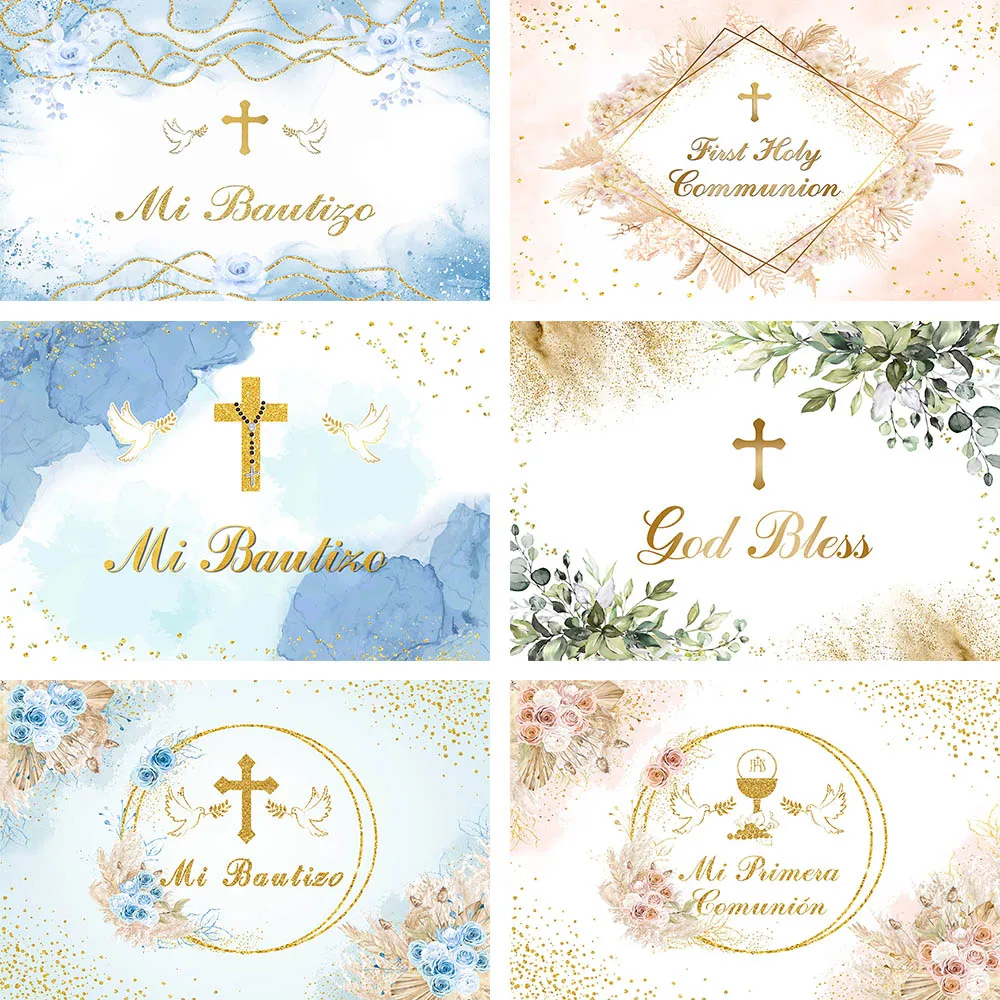 

Mehofond First Holy Communion Photography Background God Bless Boy Girl Mi Bautizo Party Boho Cross Decoration Photo Backdrops