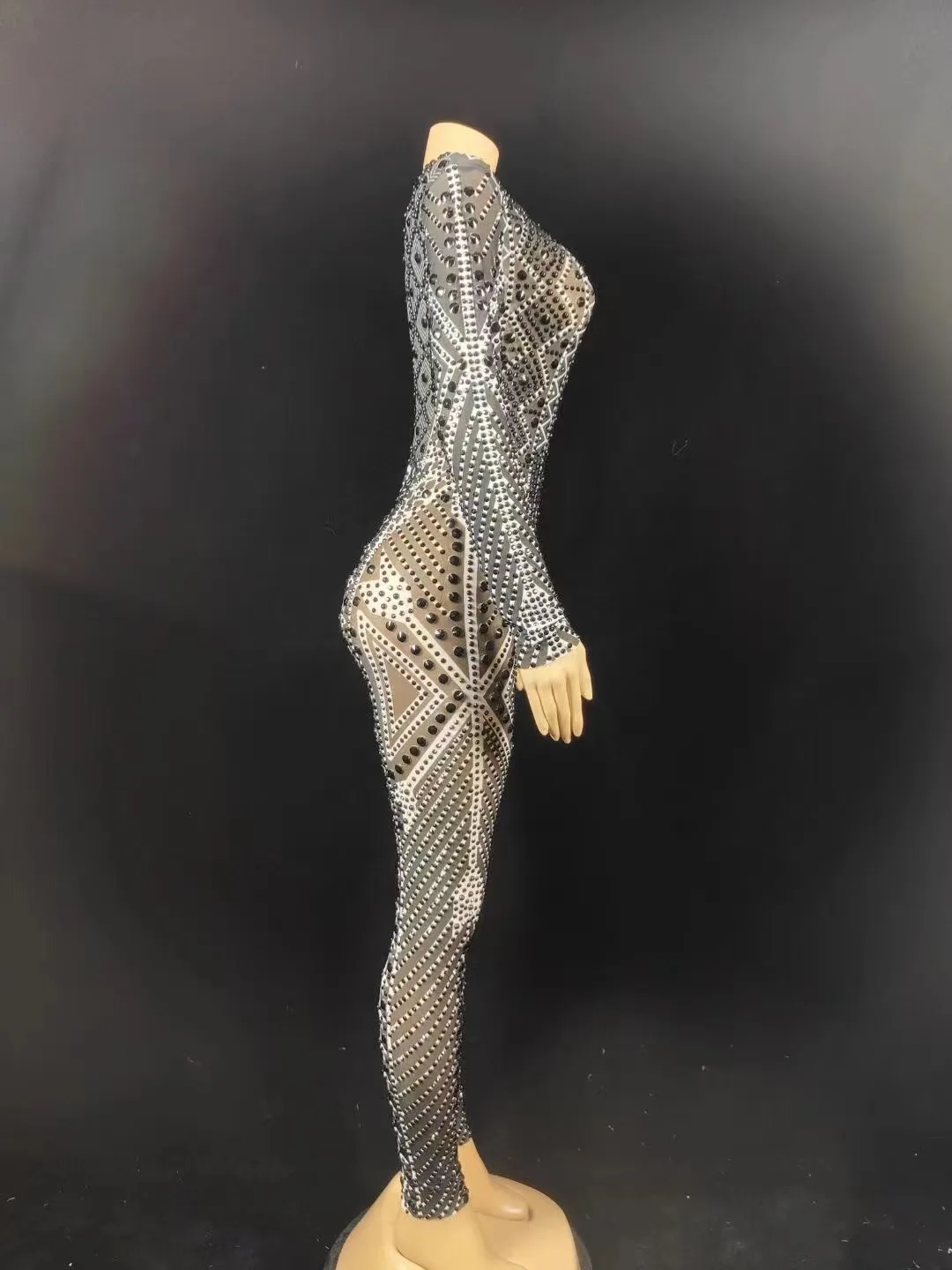 Costume Women Dance Prom Party Photoshoot Jumpsuit Sparkly Silver Crystals Transparent Long Sleeves Jumpsuit Birthday Celebrate