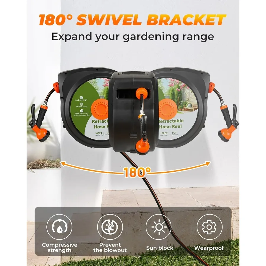 자동 감김식 정원 호스 릴 100피트 x 1/2인치 초강력 자동 벽걸이형 물 호스 릴 (야외용, 길이 조절 가능)
