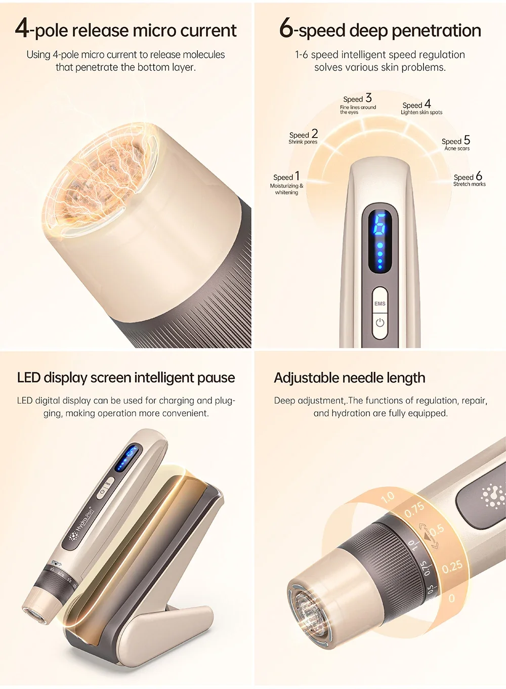 H5 Hydra Pen Derma Microneedle Pen 4-Pole EMS Microcurrent Mesotherapy - With 30 Pcs Automatic Serum Needles Gifts