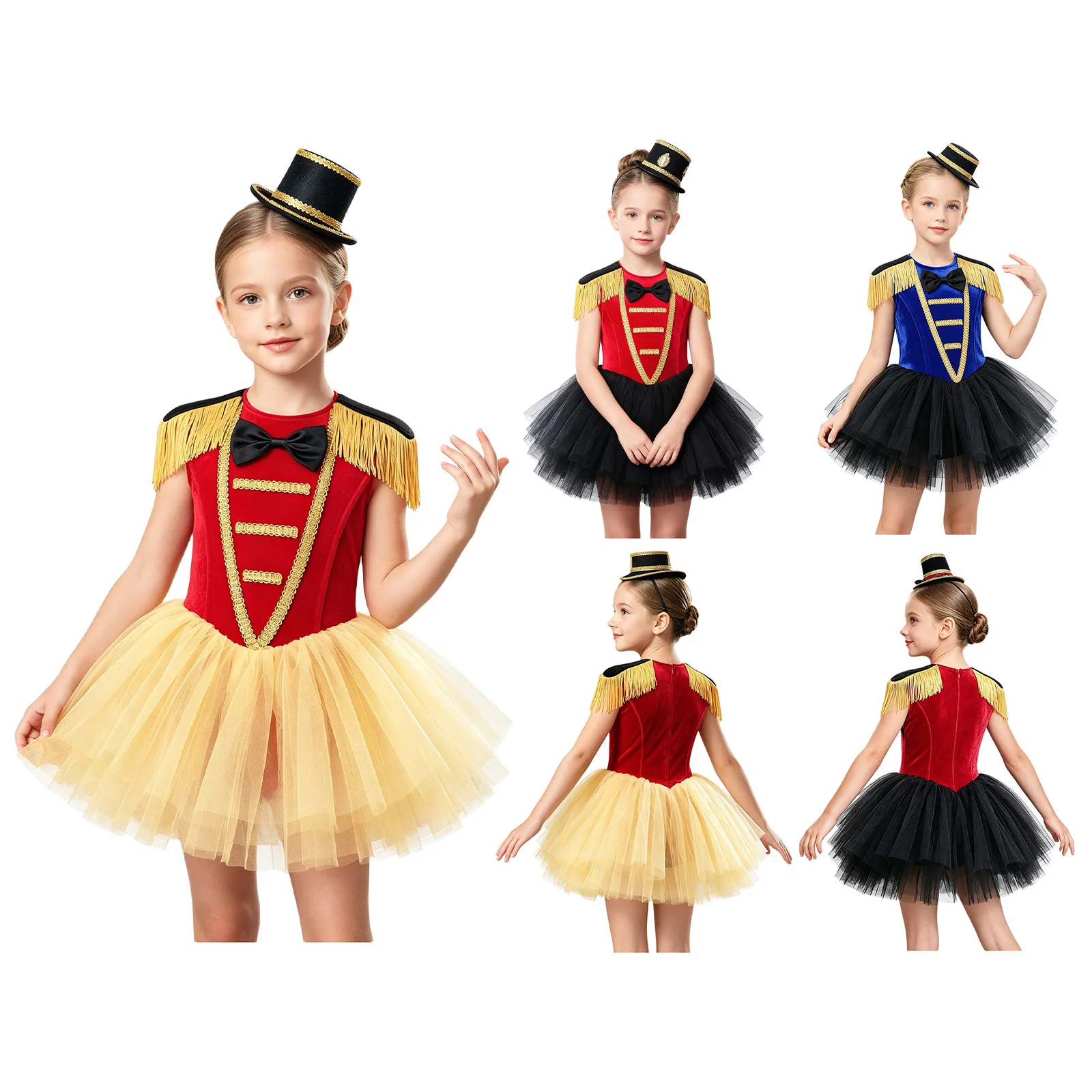 Kids Girls Sleeveless Velvet Tulle Circus Ringmaster Dance Tutu Leotard Dress Halloween Theme Party Carnival Magician Costume