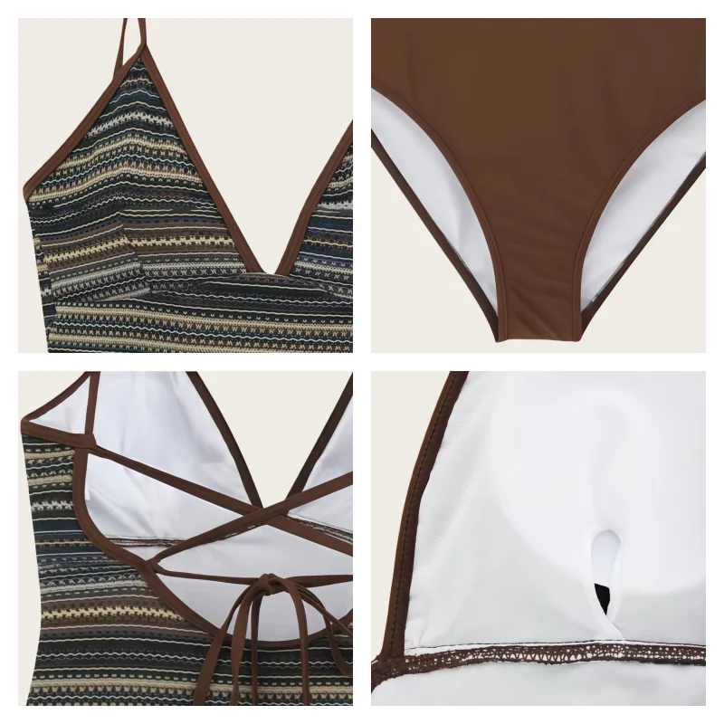 Korean Style Women's Fashionable V-Neck Backless Cross-Tie Design Striped Slim-Fit Skirt-Style One-Piece Swimsuit image 3