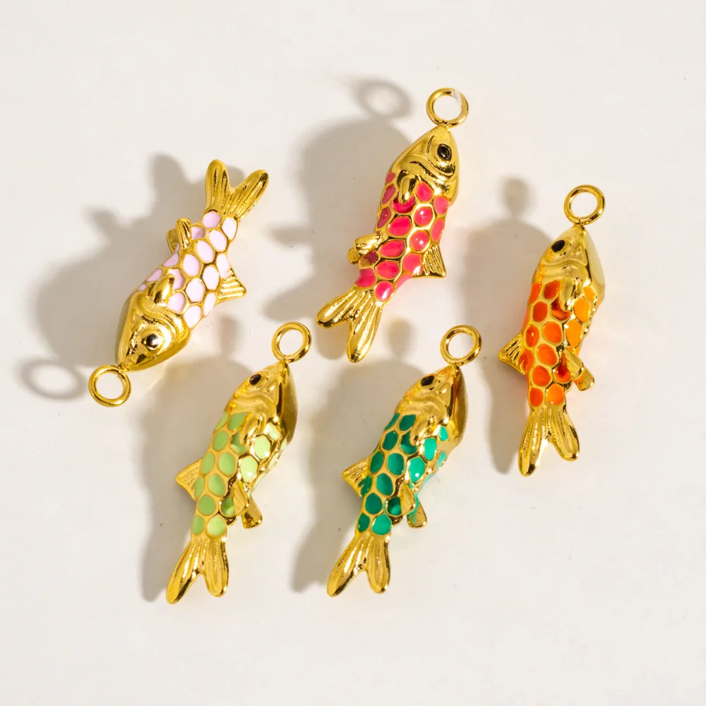 2Pcs Stainless Steel S/L Size Enamel Colored Oil Dripping Dimensional Fish Pendant for DIY Necklace Bracelet Jewelry