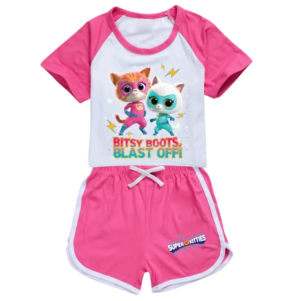 Kawaii Superkitties vêtements enfants Super chats T-shirt bébé filles été à manches courtes hauts Shorts 2 pièces ensembles garçons décontracté combinaisons de sport