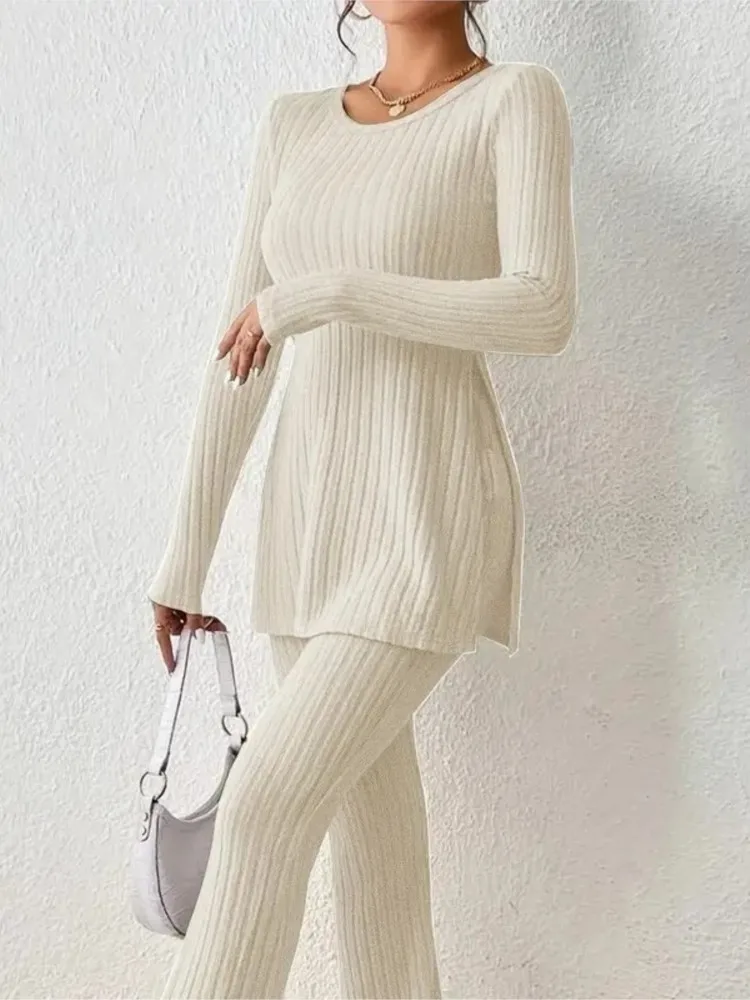 Fall Winter Knitted Pants Sets For Women Long Sleeve O Neck Tops + Trousers 2 Piece Set Solid Comfortable Elegant Suit Female