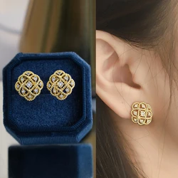 Huitan Geometric Stud Earrings Hollow Design Crystal Cubic Zirconia Exquisite Ear Accessories for Women Party Statement Jewelry