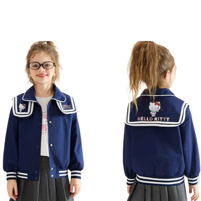 New Athletic Wear Hello Kitty Sanrio Girl Flip Collar Navy Leader Leisure Time Loose Coat Student School Uniform Kawaii Cartoon