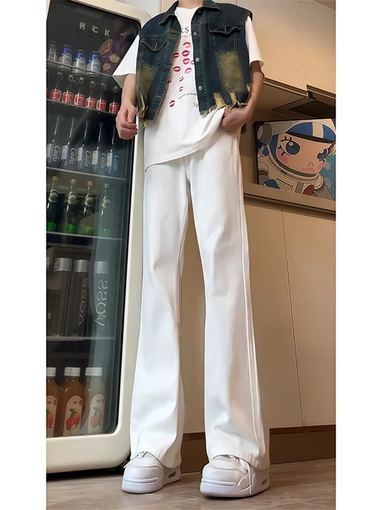 

Белые джинсы-клеш с подкладкой для мужчин в американском стиле High Street, свободные, прямые, удлиненные, молодежный стиль