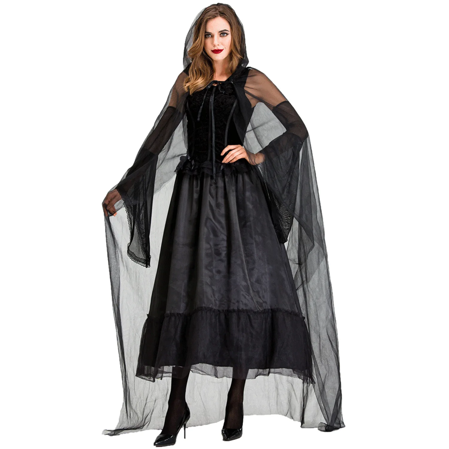 تنورة سوداء طويلة أزياء تنكرية لجميع القديسين الموت العروس الساحرة أداء المرحلة الزي النسائي التقليدي العرقي...