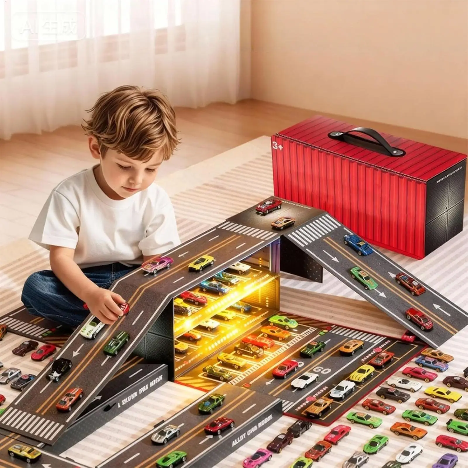 ألعاب تعليمية صغيرة قابلة للسحب للخلف مكونة من 48 قطعة من ألعاب السباق مع حصيرة لعب للأطفال والأولاد والمنزل والسفر وغرفة النوم والفصول الدراسية