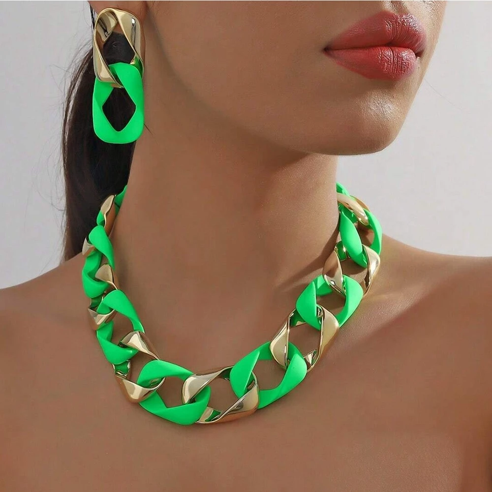 New INS Fashion Set Hip Hop Fluorescent Color Acrylic CCB Spliced Choker Necklace And Earrings For Women Neck Jewelry