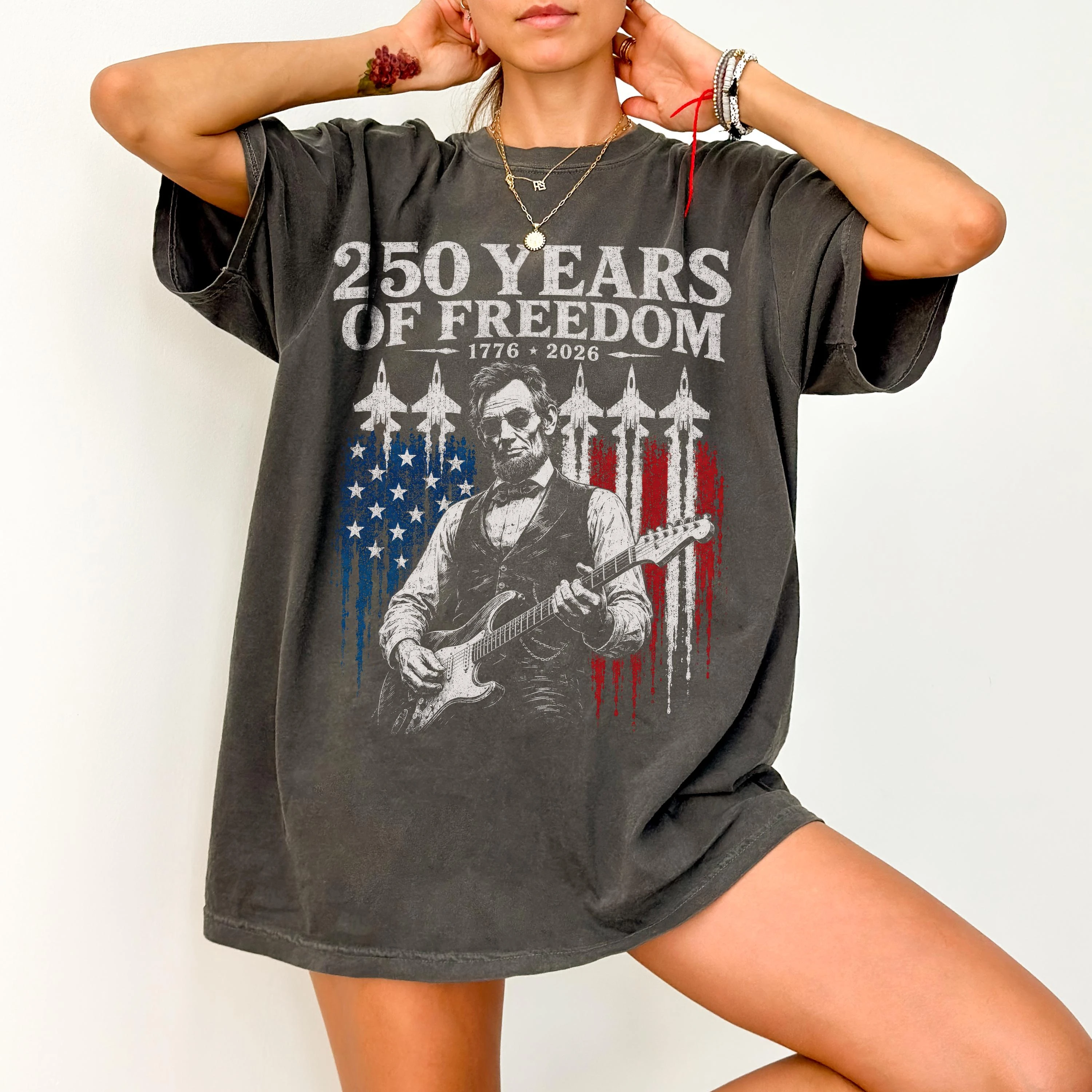 Abraham Lincoln Playing Electric Guitar T Shirt, Patriotic Rock Tee, 1776 2026 USA 250th Anniversary, Vintage 4th of July Gift