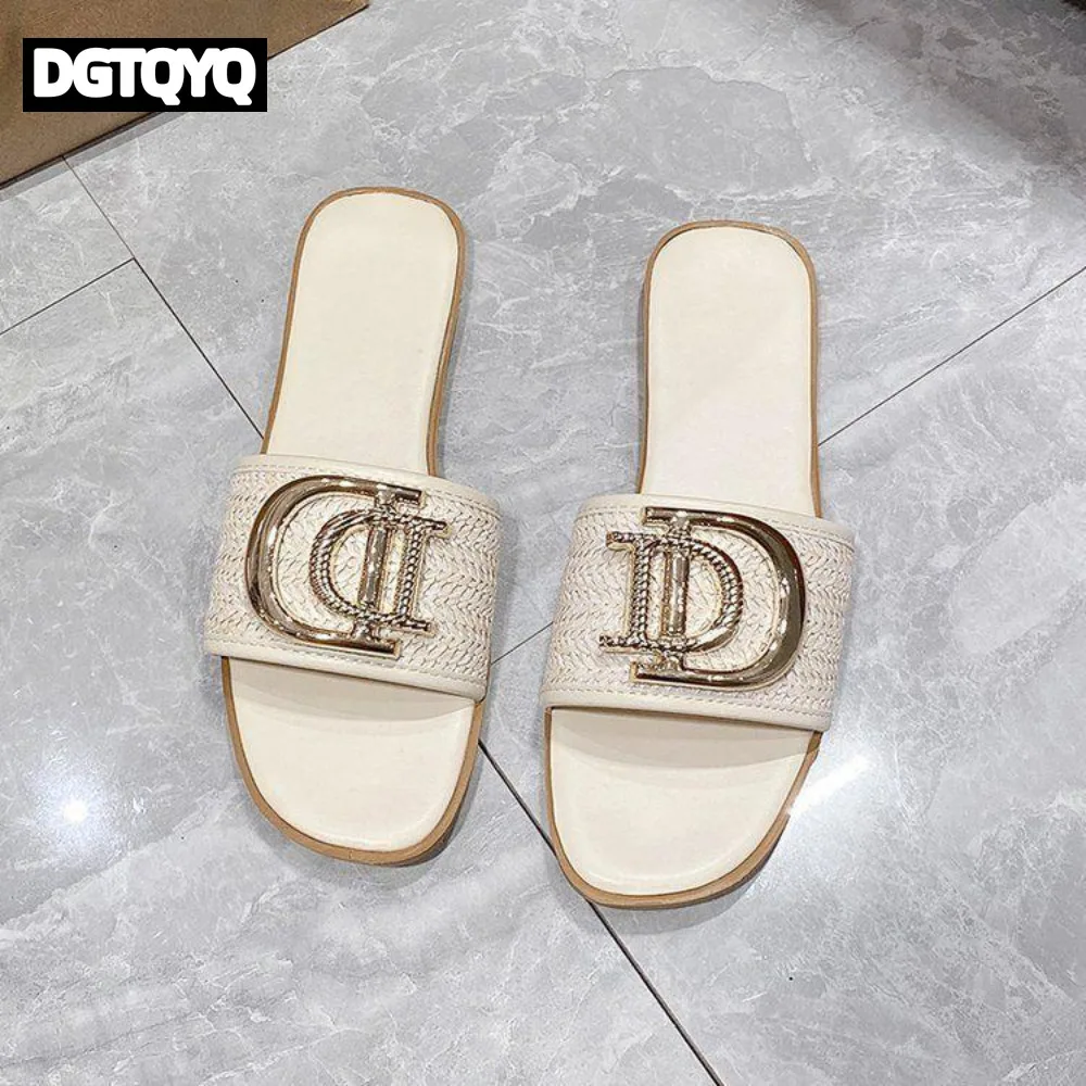 

Женские шлепанцы для вечеринок, сексуальные и элегантные, с роскошным декором, плетеные сандалии на плоской подошве, модные открытые шлепанцы для отпуска