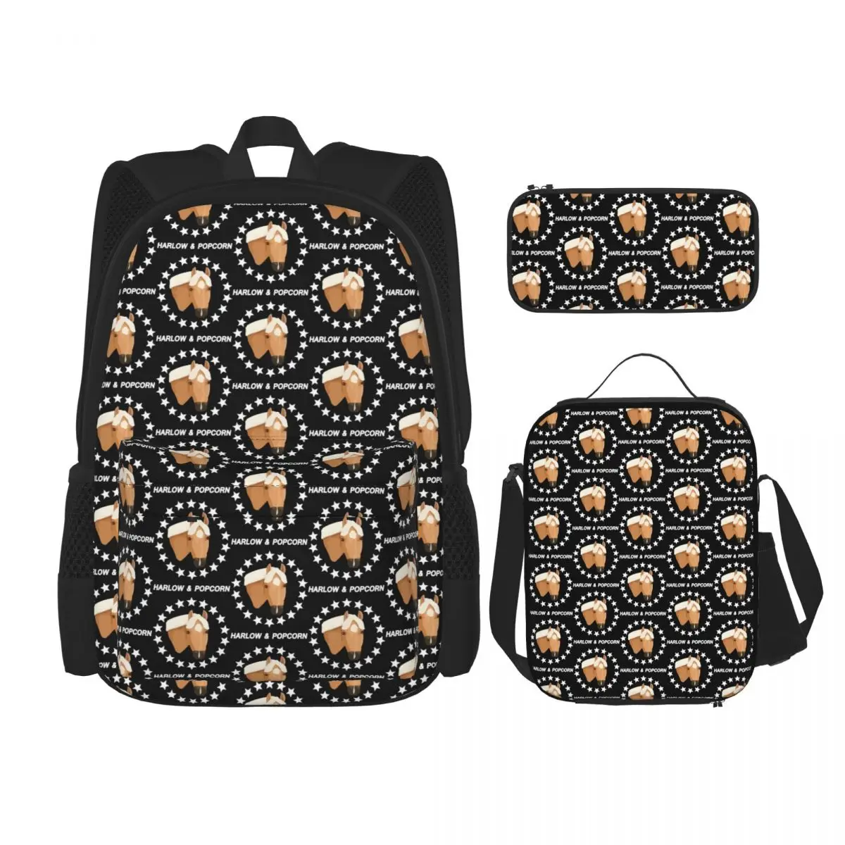 

Harlow And Popcorn Merch Popcorn The Pony Backpacks Boys Girls Bookbag Students School Bags Lunch Bag Pen Bag Three-Piece Set