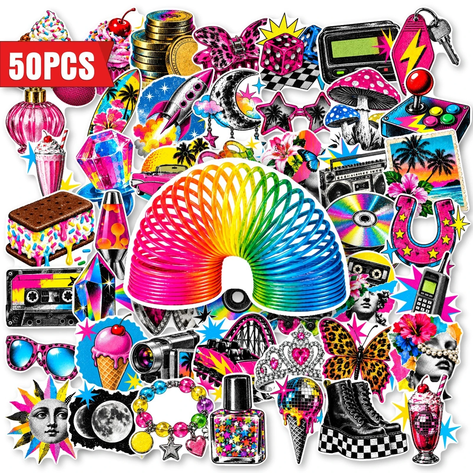 50pcs Y2K Retro Aesthetic Stickers Pack -Neon Skateboard Waterproof Vinyl Stickers for Laptop Phone Scrapbook Notebook