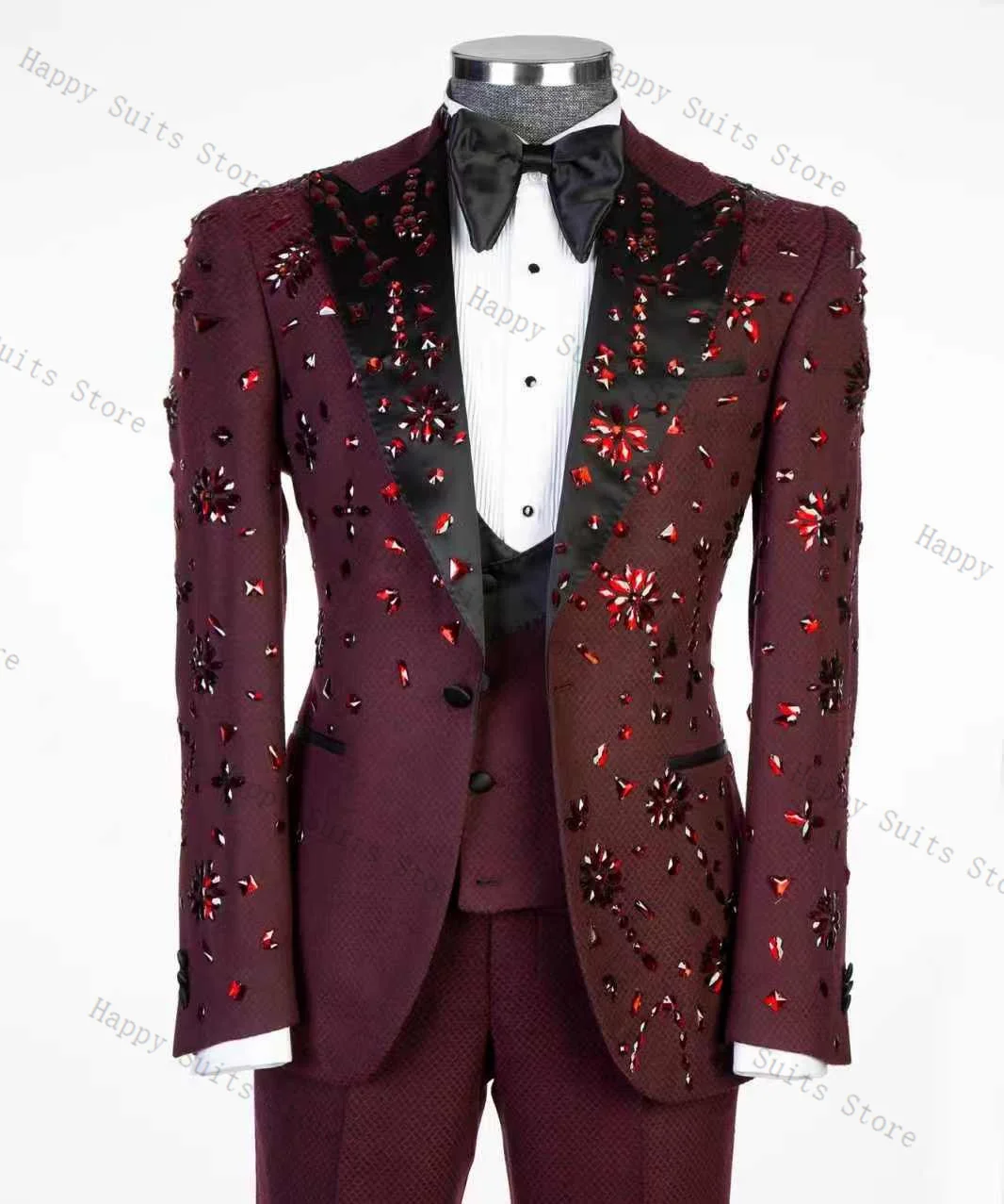 

Luxury Crystals Beaded Men Suit Set 2 Pcs Blazer+Straight Pants Trousers Formal Office Coat Wedding Tuxedo Customized Jacket