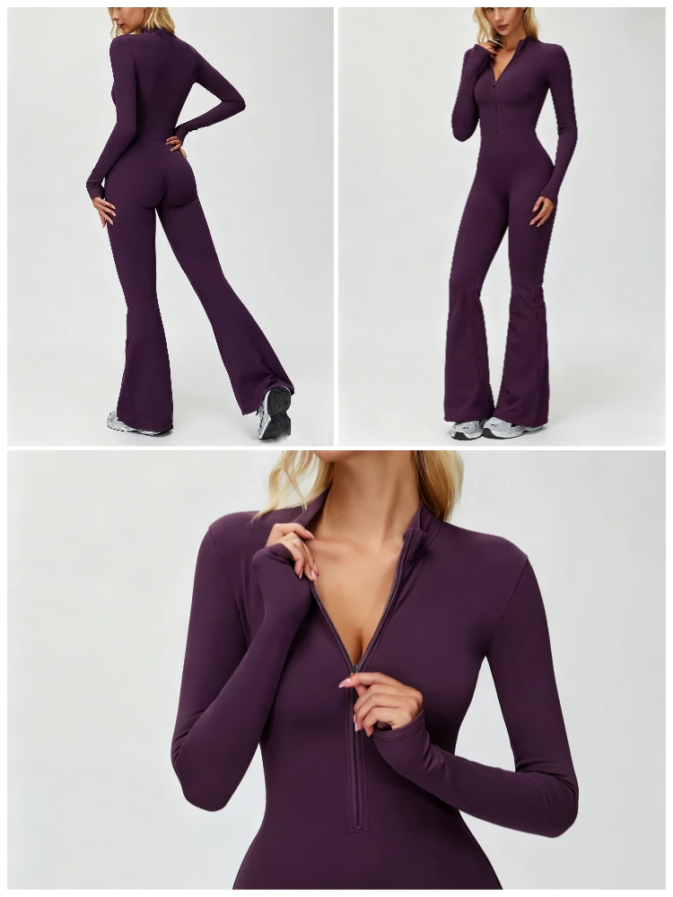 VITALINOVO Damen-Overall mit langen Ärmeln, Flare-Workout-Overall, Reißverschluss, Strampler, Hose, weites Bein, Ganzkörper-Body, figurbetont, einteilig – Detail 6
