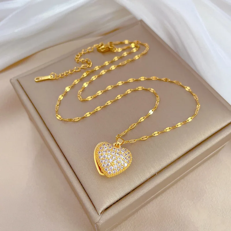Temperament Full Zircon Heart Pearl Pendant Necklace for Women Luxury Gold Color Stainless Steel Shell Chokers Jewelry Fastness