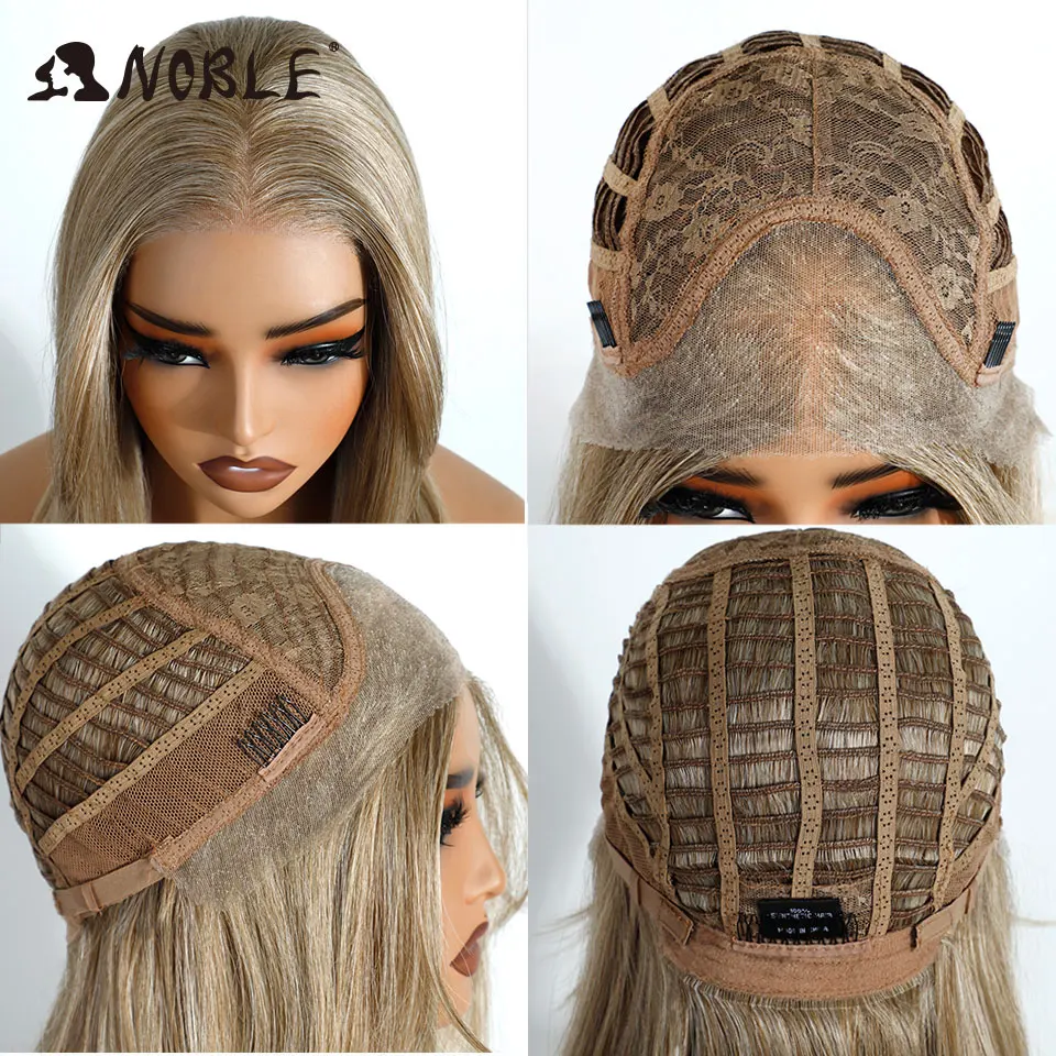 Edle synthetische Lace-Front-Perücken für Damen, 16 Zoll, 13x3, mit freiem Scheitel, vorgezupfte Bob-Perücken, gerade, geschichtet, Ombre-Braun, Lace-Front-Perücke – Detail 6