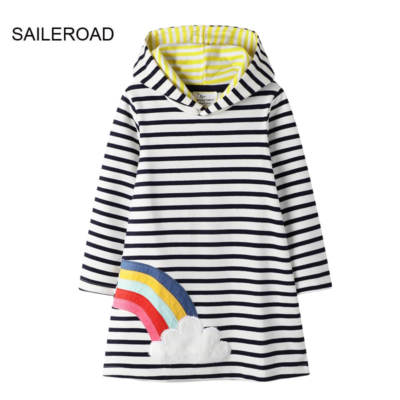 Little maven 2024 New Long Sleeve Striped Dresses for Kids Clothes Girls Cartoon Rainbow Hoodies Dresses Children\'s Clothing