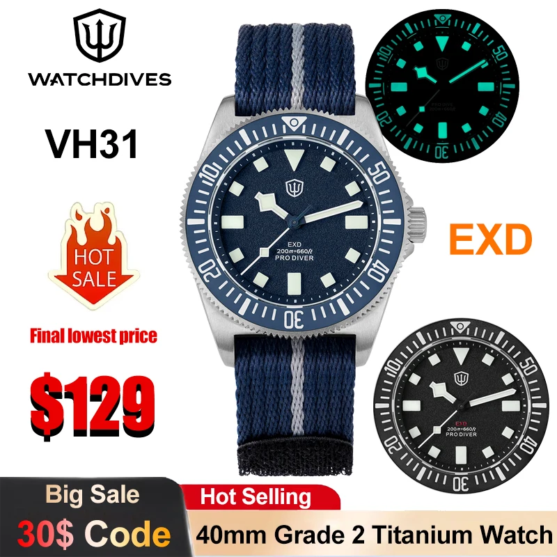 

Watchdives EXD 40mm Titanium Quartz Watches VH31 Sweep Movement BGW9 Luminous Men's Watch Sapphire 200m Waterproof Vintage Watch