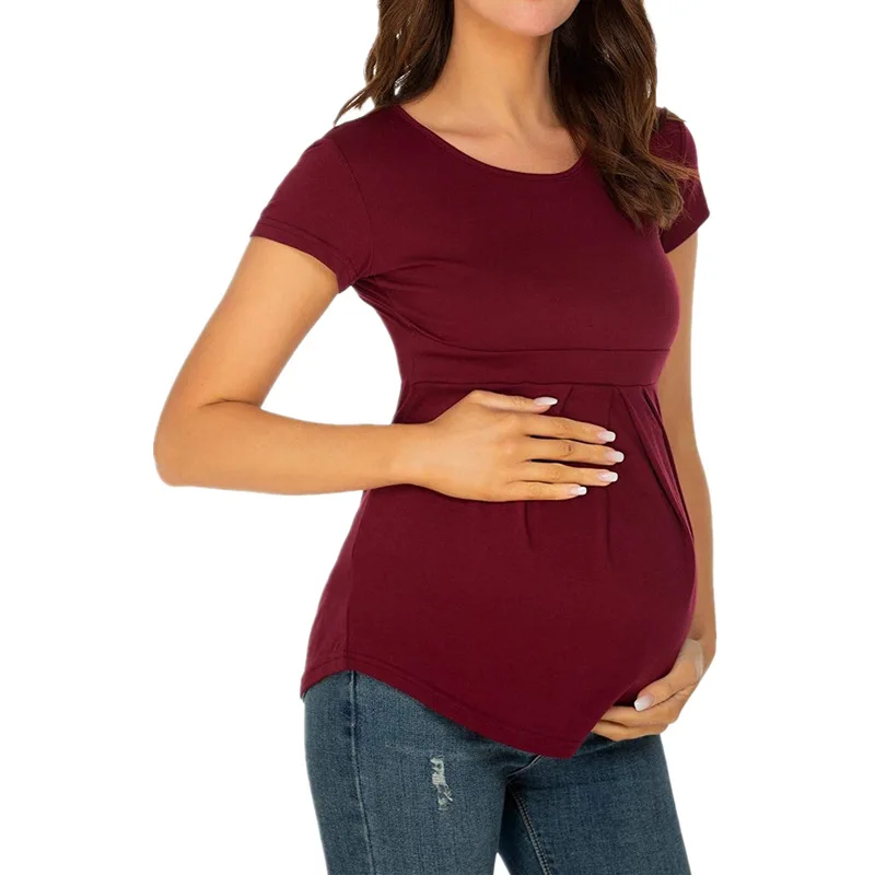 Hot Sale Summer Women Maternity Clothes Round Neck Short Sleeve Ruffle Fold Pregnant Tops Tee Shirt Femme Enceinte Футболка