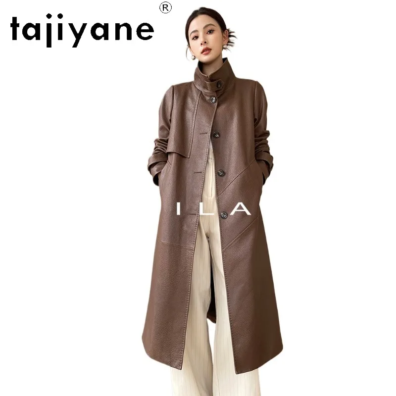 TAJIYANE Genuine Leather Jacket Women Litchi‑Grain Sheepskin Lapel Jackets Loose Outerwear Mid‑Length Trench Coat 110cm Дубленка