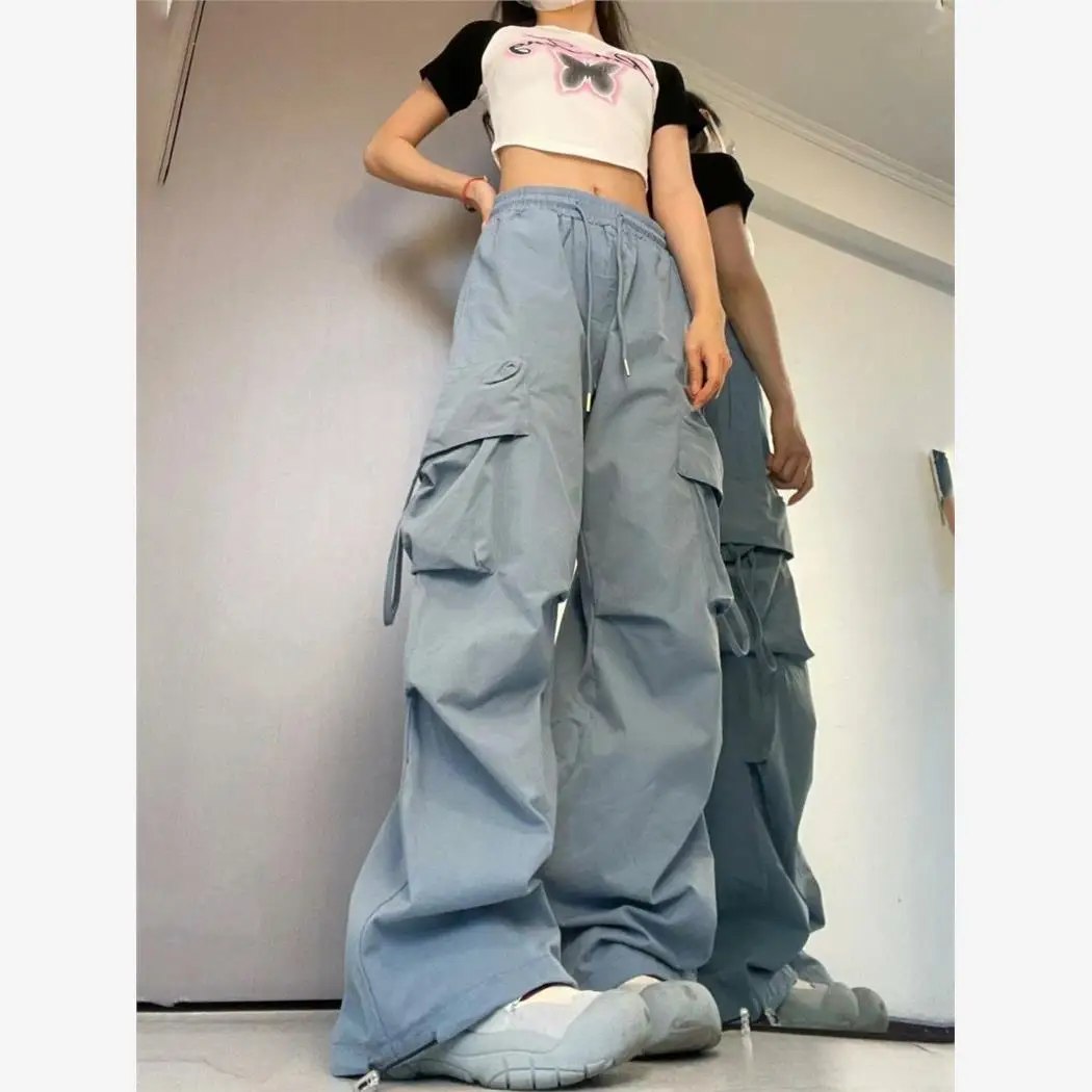 여성 캐주얼 하이 웨이스트 와이드 레그 팬츠 편안한 긴 바지 패셔너블한 케트 디테일 폴리에스테르 혼방 여름 2023