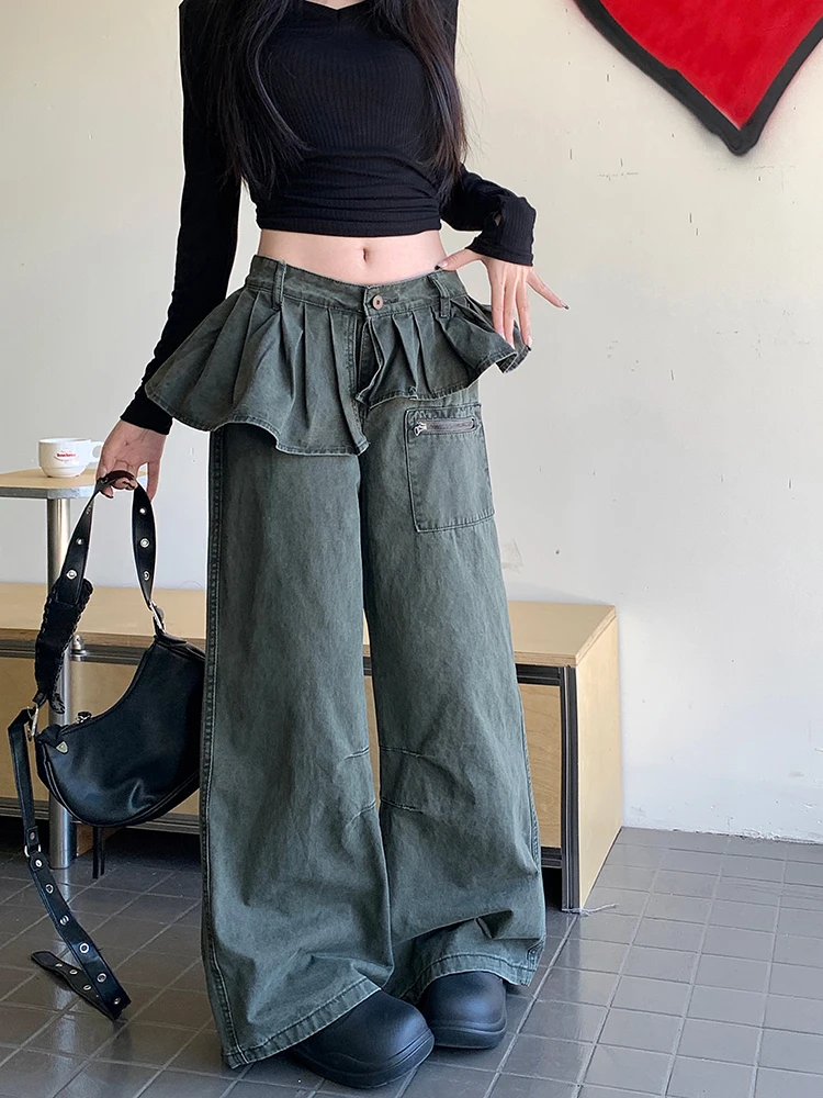 FIGOHR Korean Vintage Pleated Skirt Cover Jeans Y2k High Waist Baggy Denim Pants women high street Wide Leg Trousers