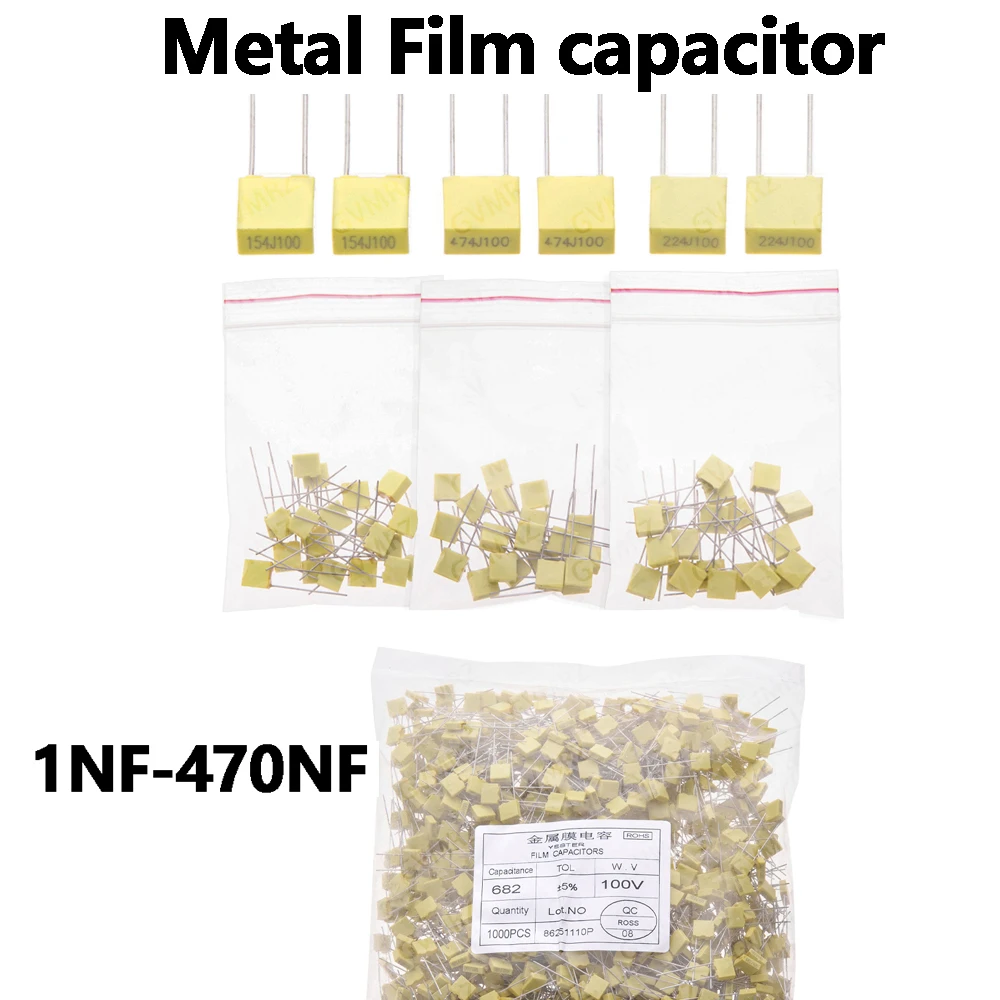 100pcs/1000pcs/20pcs 100v 102J152J 222J 331NF 2J 472J 682J 103J Metal film capacitor 1.5NF 5NF 22NF 47NF 100NF 220NF capacitor