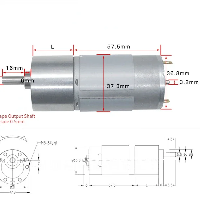 10pcs JGB37-555 D6*16 Micro DC Permanent Magnet Reducer Motor 12/24V High Torque Eccentric Axis 6/10/19/38/89/167/267/500/800RPM