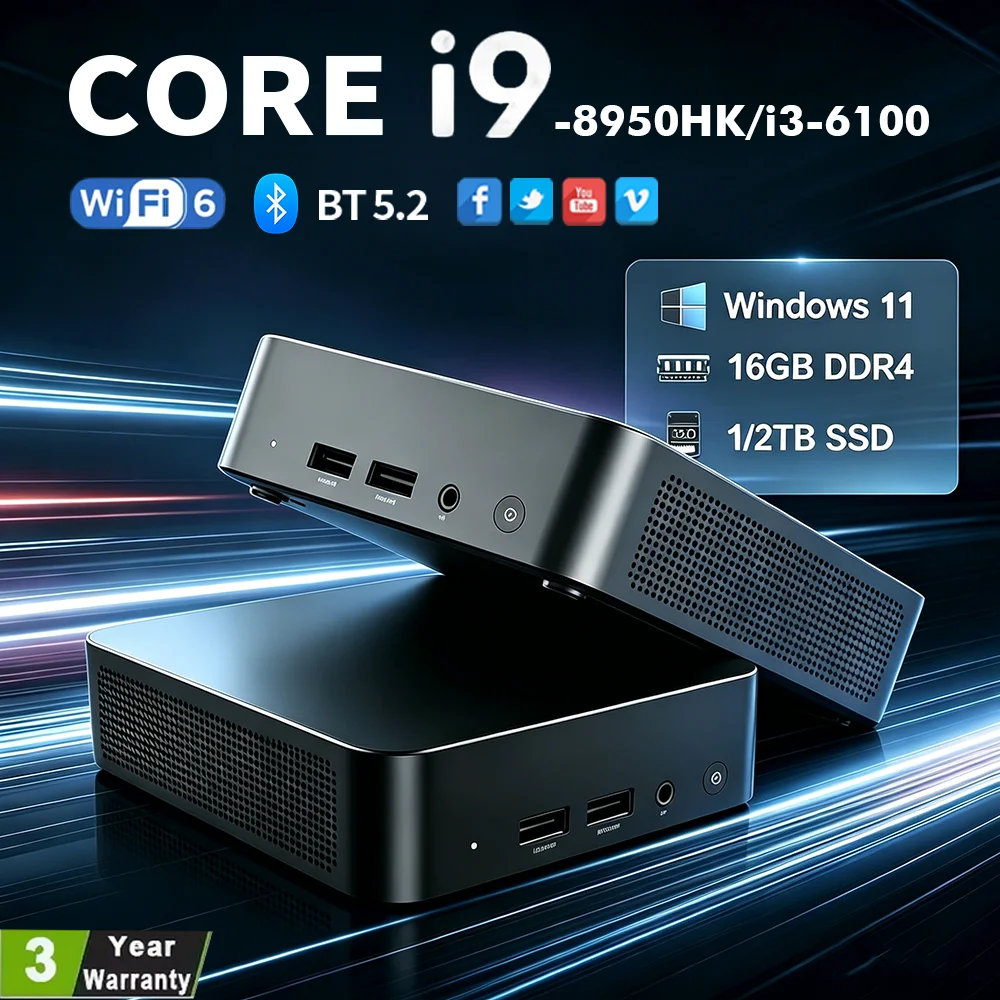 NEW Core i9-8950HK/i3-6100 Portable Mini PC Computer Windows 11 16GB DDR4 1/2TB SSD Gaming Computer WiFi 6 office Mini Desktop