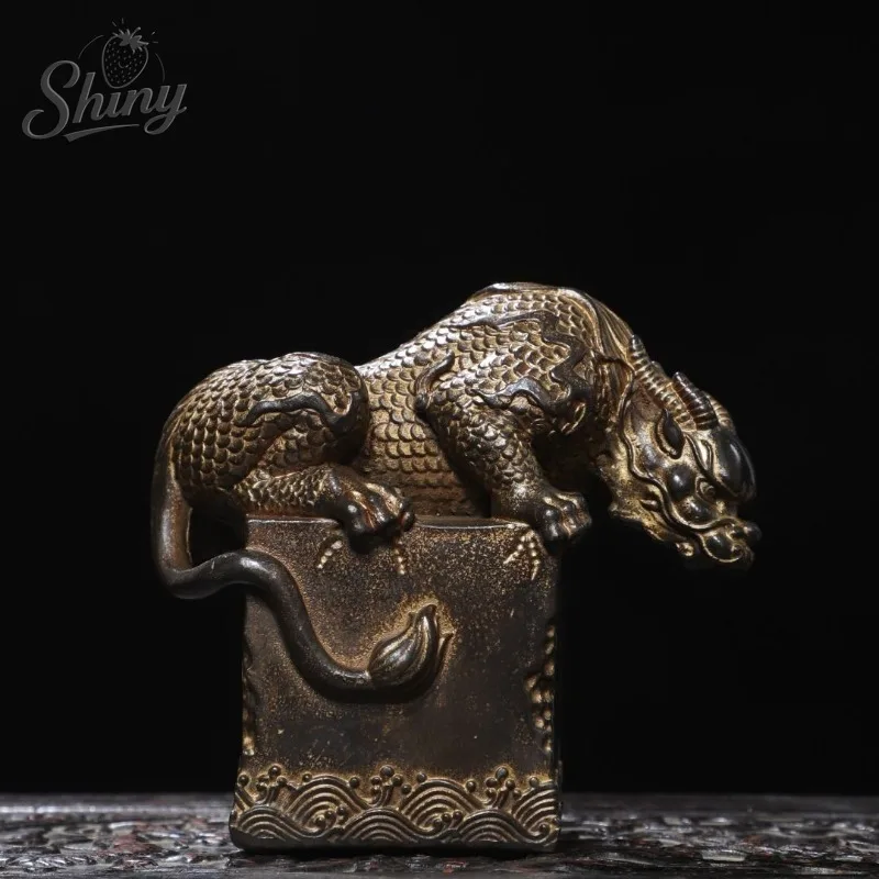 Antique Dragon Statue Ornament Seal Ancient Chinese Water-Suppressing Auspicious Beast Protection Feng Shui Home Decor Ornament