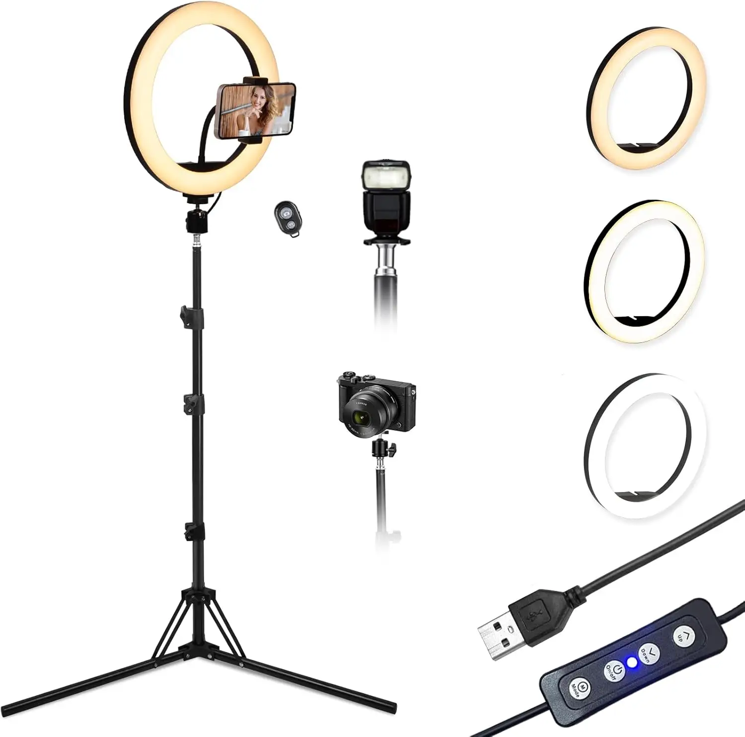 

Светодиодная кольцевая лампа USB 10,2 дюйма для прямых трансляций, высотой 74 дюйма, с регулируемым цветом и яркостью, со штативом и держателем для телефона