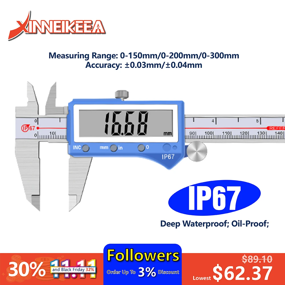 

IP67 Industrial Grade Deep Waterproof Oil-Proof Digital Caliper 150 200 300mm Electronic Digital Display Stainless Steel Caliper