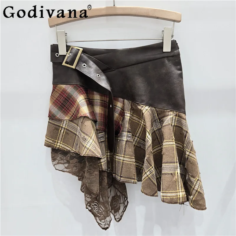 

Sweet Cool Sexy Lace Contrasting Color Plaid Girl Irregular Skirts Spring Autumn High Waist Versatile Age-reducing Fashion Skirt