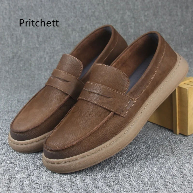 

Casual Men's Shoes Leather Loafers Spring and Autumn Head Layer Cowhide Soft Soled British Retro Breathable All Match Bean Shoe